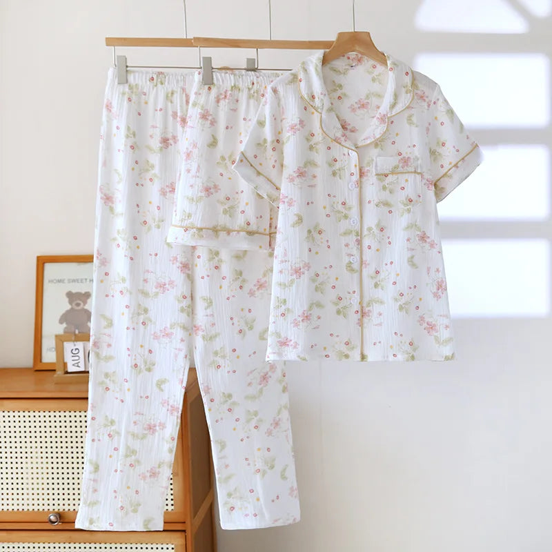 2025 New Spring/Summer Women's Pajama Set 100% Cotton Crepe Cute Thin Short Sleeve+Shorts+Pants Home Clothes 3-Piece Set