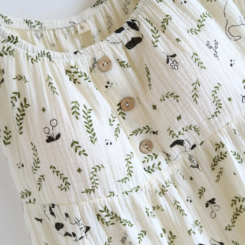2025 New Summer Women's Pajamas Two Piece Set 100% Cotton Crepe Cloth with Chest Cushion Suspender+Shorts Set Cute Home Fury