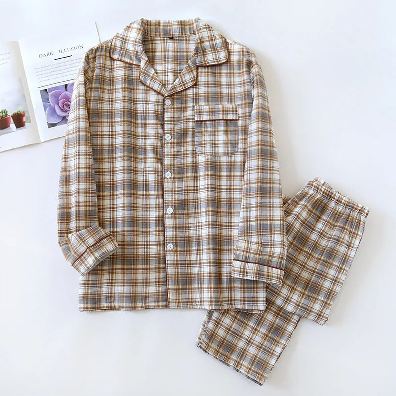 2025 Japanese New Men's Pajama Set Spring/Summer Checkered Simple Long sleeved Two Piece Set 100%Cotton Cardigan Home Furnishing