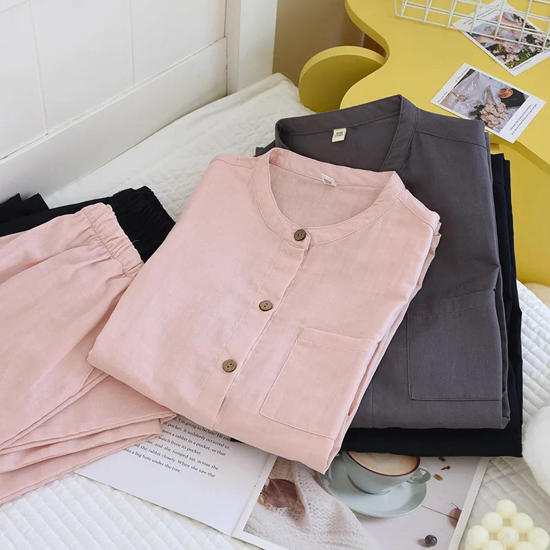 2025 New Spring/Summer Couple's Pajama Set 100% Cotton Simple Men's and Women's Long Sleeve Long Pants Two Piece Home Clothes