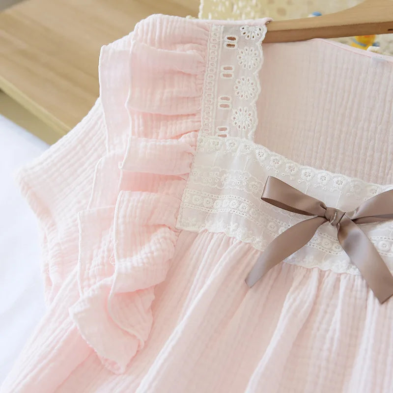 Japanese summer new short-sleeved shorts ladies pajamas set 100% cotton crepe solid color fresh home clothes two-piece set