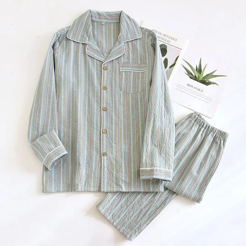 2025 New Spring/Summer Couple Set 100% Cotton Striped Long Sleeve Two Piece Set Men's and Women's Cardigan Home Clothes