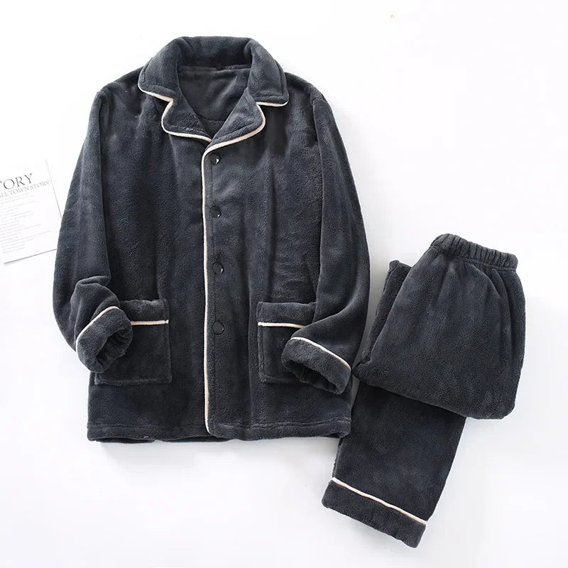 Autumn And Winter New Men's Pajamas Long-sleeved Trousers Two-piece Flannel Thickened Warm Home Service Set Plaid Large Size Men
