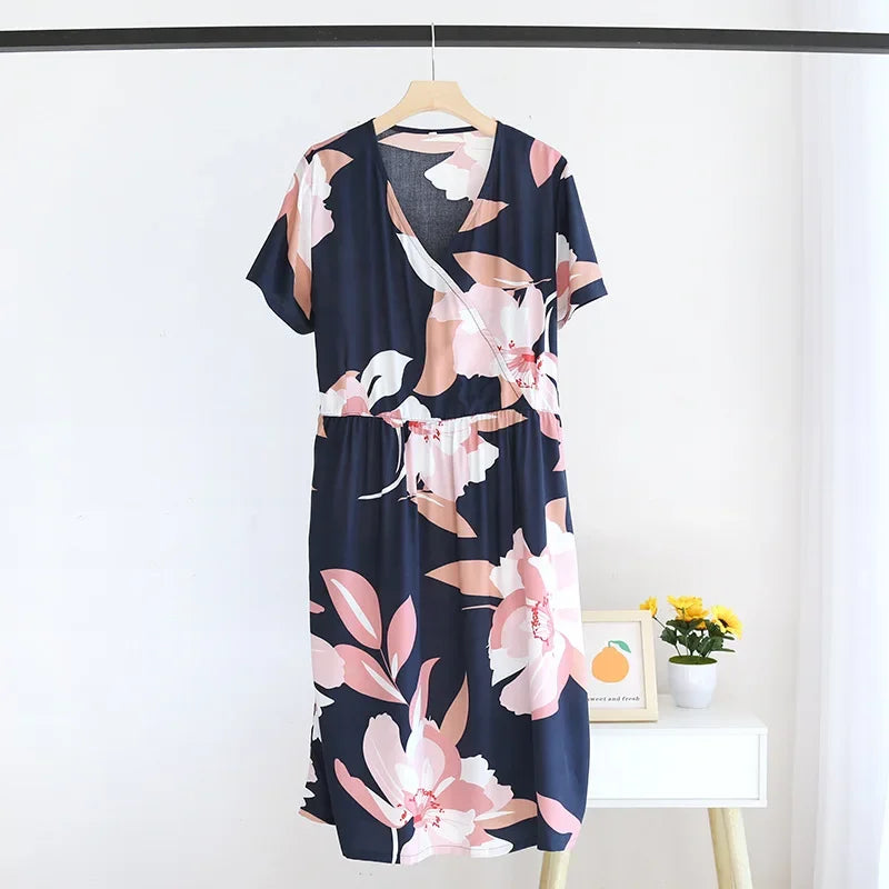 Summer New Ladies V-neck Nightdress 100% Viscose Short Sleeve Home Dress Floral Comfort Large Size Dress Thin Section women
