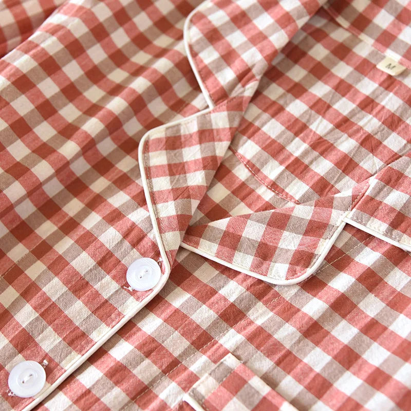2025 New Japanese Spring and Autumn Couple Pajama Set 100% Cotton Men's and Women's Plaid Long Sleeve Two Piece Home Furnishing
