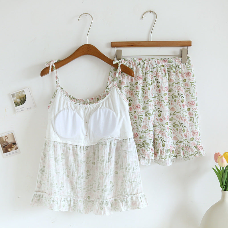 2025 Japanese Summer New Women's Pajama Set 100% Cotton Crepe Cloth Ladies Suspender+Shorts Two Piece Home Furnishing Set