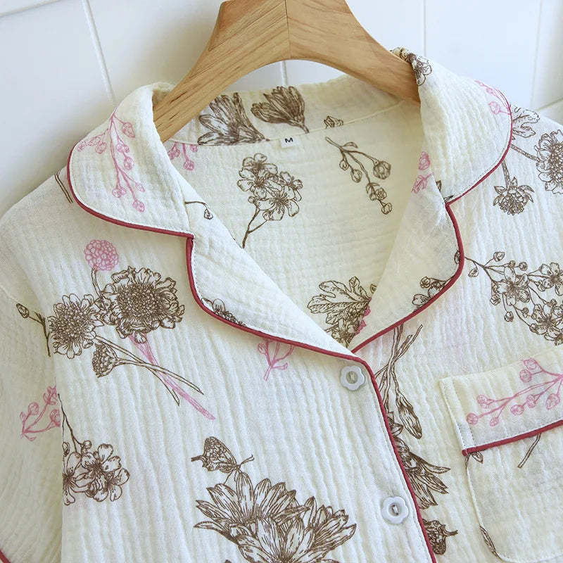 2025 New Spring/Summer Women's Pajama Set 100% Cotton Crepe Short Sleeve+Pants Two Piece Set for Women's Cute Home Furnishings