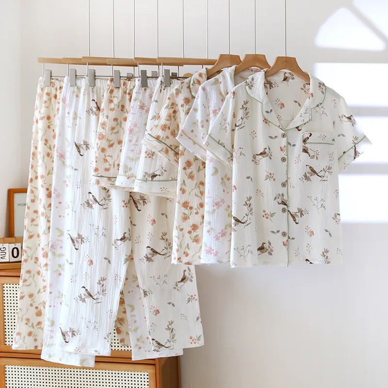 2025 New Spring/Summer Women's Pajama Set 100% Cotton Crepe Cute Thin Short Sleeve+Shorts+Pants Home Clothes 3-Piece Set