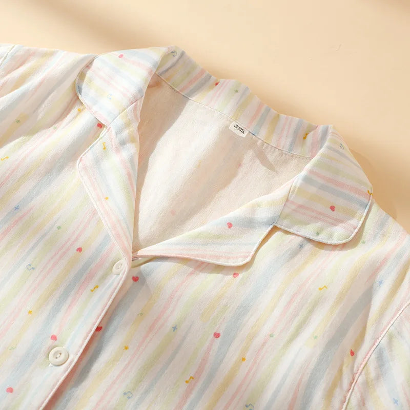 2025 Summer New Women's Pajama Set 100% Cotton Gauze Short Sleeve Shorts Two Piece Set Thin cardigan Home Clothes sleepwear