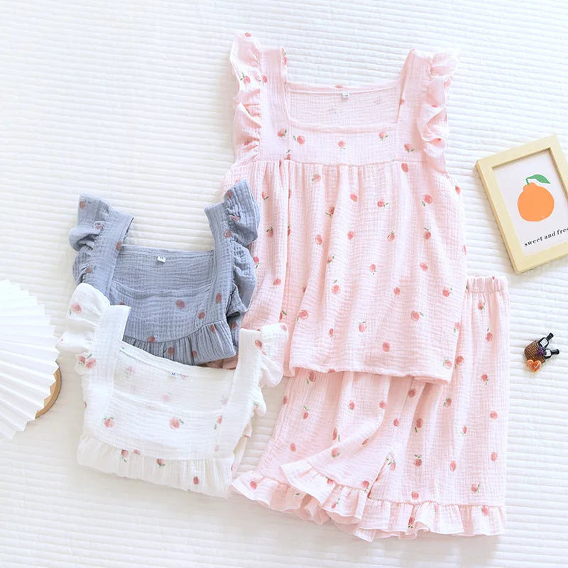 Pure desire for ins in summer, flounce shorts, cotton suspenders, pajamas, women's summer home clothes, two-piece suit, summer