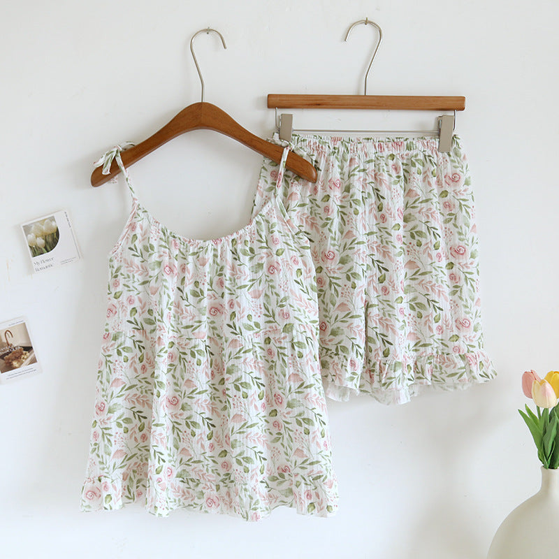 2025 Japanese Summer New Women's Pajama Set 100% Cotton Crepe Cloth Ladies Suspender+Shorts Two Piece Home Furnishing Set