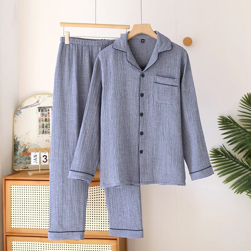 2025 New Spring Couple's Pajama Set 100% Cotton Four Layer Gauze Men's and Women's Long Sleeve Long Pants Two Piece Home Clothes