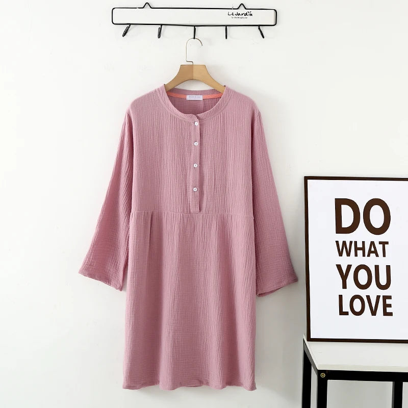 Spring and Autumn Women's Long Sleeve Nightdress 100%Cotton Crepe Round Neck Button Solid Color Dress Home Dress Nightgown Dress