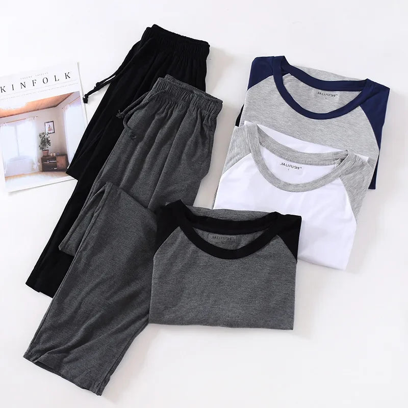 Spring and summer men's modal long-sleeved trousers pajamas set splicing large size sports home service suit spring and autumn