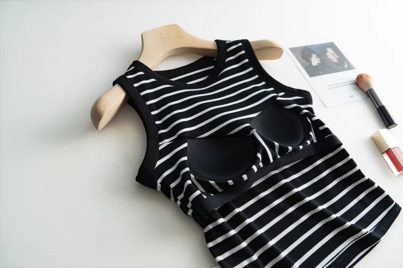 2025 Summer New Women's Tank Top Pajamas All Cotton with Chest Pads Tank Top with Stripe Sports Bottom Short Home Fur Ladies