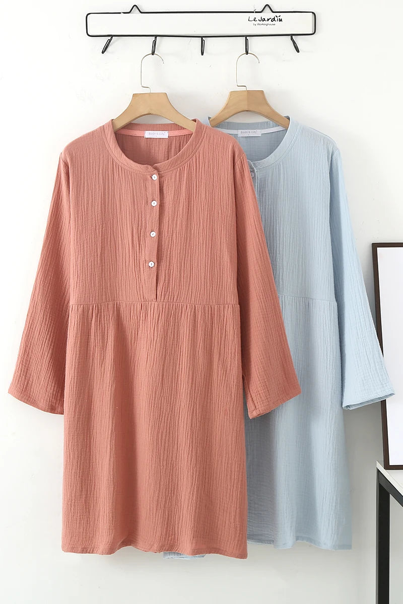 Spring and Autumn Women's Long Sleeve Nightdress 100%Cotton Crepe Round Neck Button Solid Color Dress Home Dress Nightgown Dress