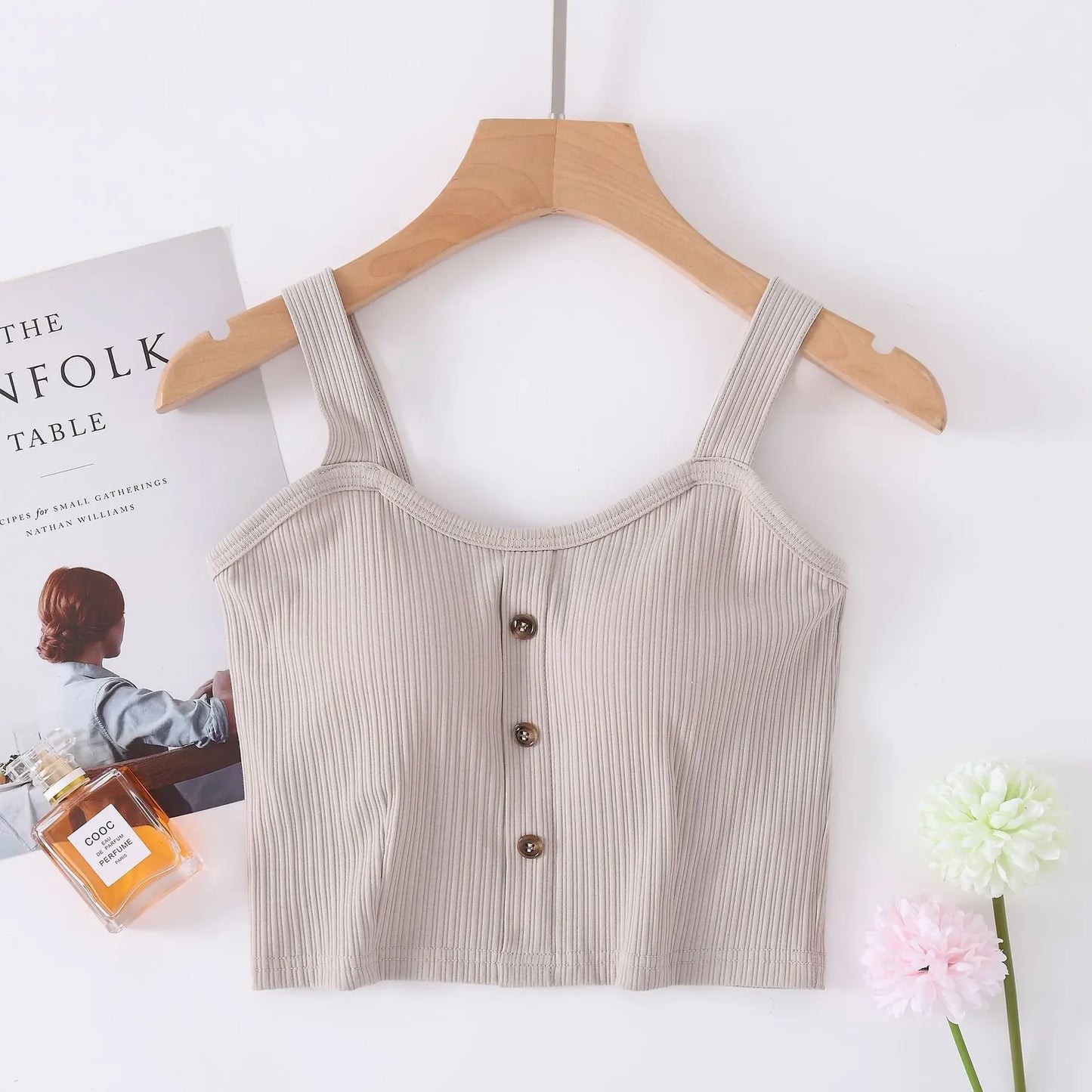 Manufacturer wholesale 2025 new spring and summer cotton belt bra sling vest women button wide shoulder belt women's navel vest