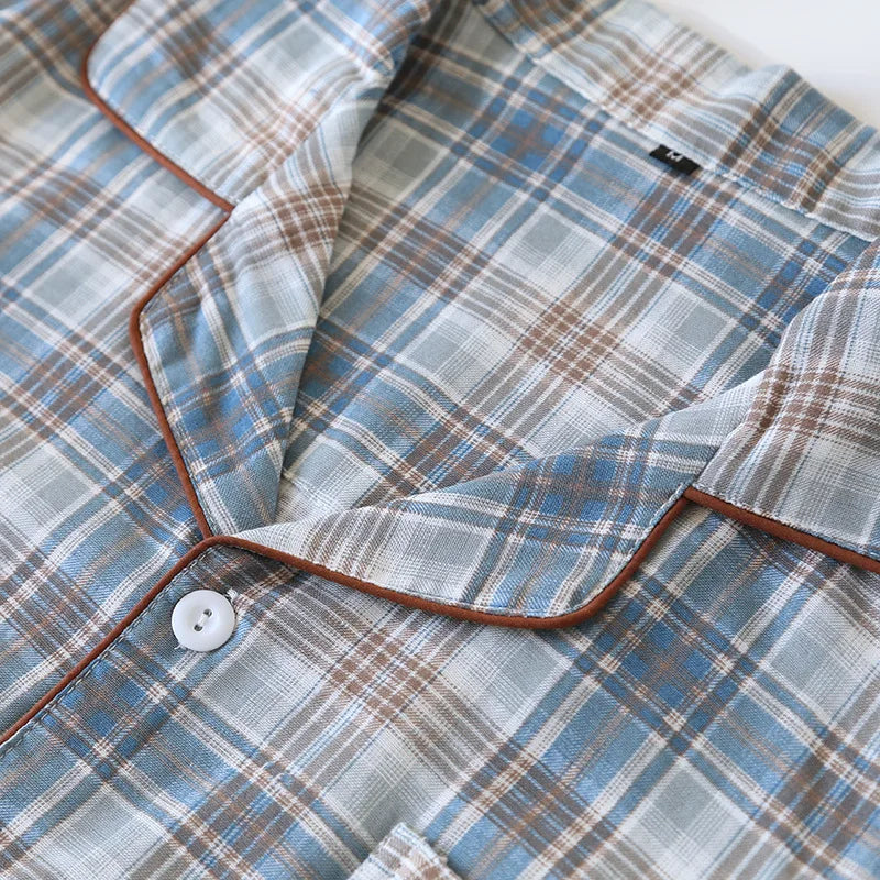 2025 Japanese New Men's Pajama Set Spring/Summer Checkered Simple Long sleeved Two Piece Set 100%Cotton Cardigan Home Furnishing