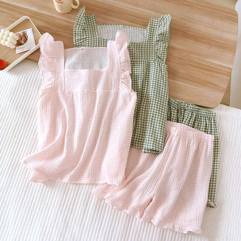 2025 Japanese summer new women's pajamas suit short-sleeved shorts two-piece 100% cotton crepe simple checked thin home clothes