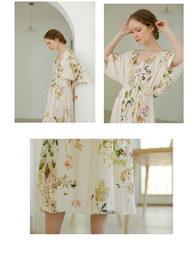 New spring and summer ladies nightdress viscose fiber V-neck elegant rose print satin long dress home skirt plus size sexy women