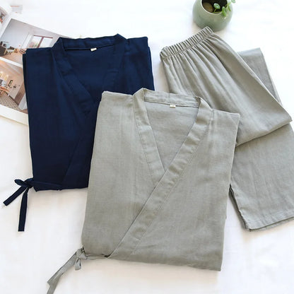 2025Spring And Summer Kimono Men's Pajamas Two-piece 100% Cotton Simple Plus Size Three-quarter Sleeve Trousers Home Service Set