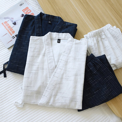Japanese kimono two-piece men's spring and summer new 100% cotton bathrobe two-piece long pajamas home service set robe sets