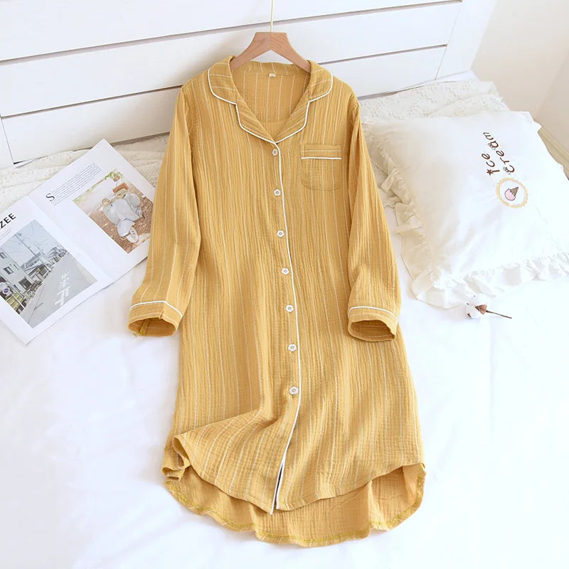 2025 new spring and summer women's 100% cotton long-sleeved Nightgowns home simple plus size striped home Sleepshirts long dress