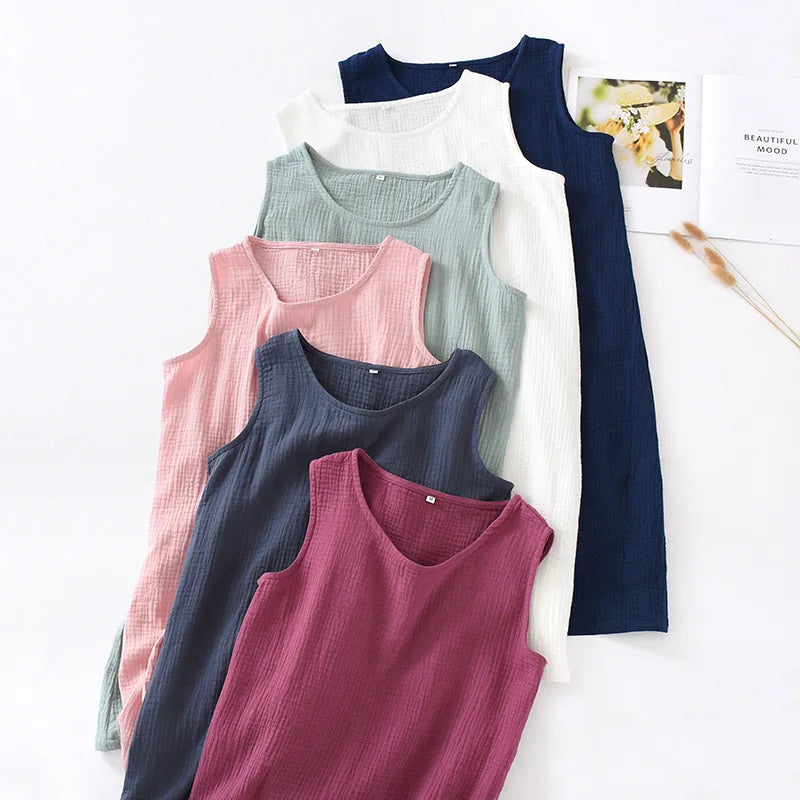 New summer ladies cotton crepe cloth nightdress sleeveless dress solid color plus size loose vest skirt furniture skirt women
