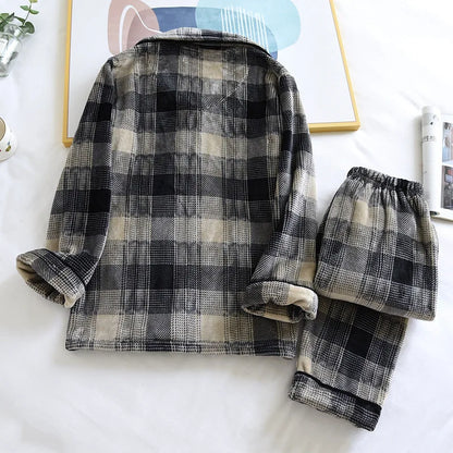 Autumn And Winter New Men's Pajamas Long-sleeved Trousers Two-piece Flannel Thickened Warm Home Service Set Plaid Large Size Men