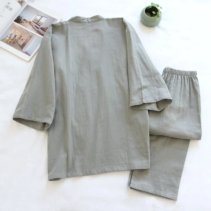 2025Spring And Summer Kimono Men's Pajamas Two-piece 100% Cotton Simple Plus Size Three-quarter Sleeve Trousers Home Service Set
