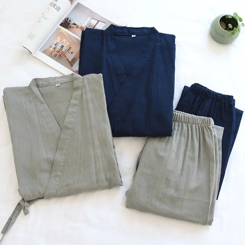 2025Spring And Summer Kimono Men's Pajamas Two-piece 100% Cotton Simple Plus Size Three-quarter Sleeve Trousers Home Service Set