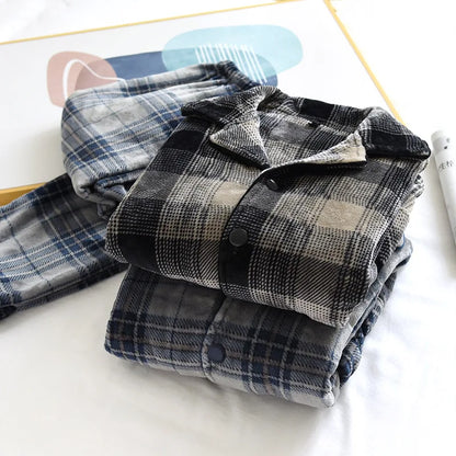 Autumn And Winter New Men's Pajamas Long-sleeved Trousers Two-piece Flannel Thickened Warm Home Service Set Plaid Large Size Men