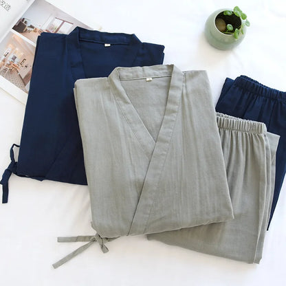 2025Spring And Summer Kimono Men's Pajamas Two-piece 100% Cotton Simple Plus Size Three-quarter Sleeve Trousers Home Service Set