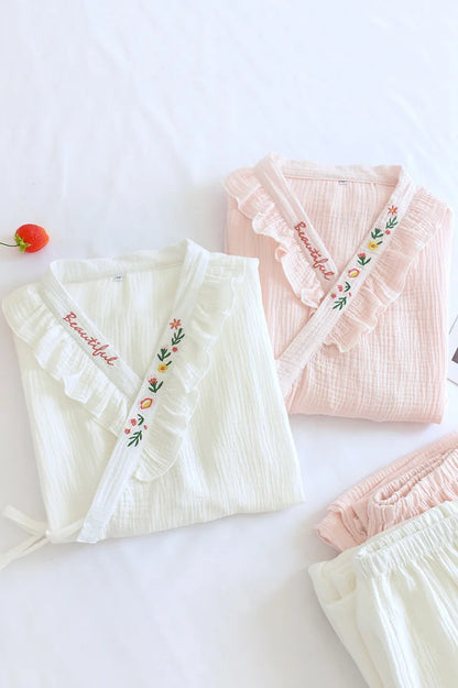 Japanese Kimono Suit New Ladies Spring And Autumn Pajamas Long-sleeved Trousers 100% Cotton Crepe Home Service Two-piece Suit