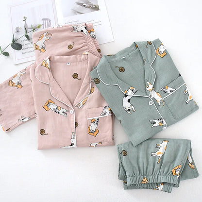 Japanese spring and autumn couples cotton gauze pajamas suit men's cotton four seasons long-sleeved trousers home service women