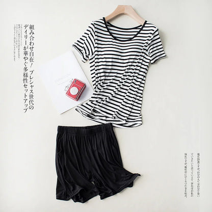 New Modal Lady Short Sleeve Pajamas Set with Bra Pad Bra One Piece Half Sleeve Shorts Striped Loose Large Size Home Wear Set