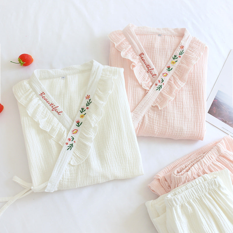 Japanese Kimono Suit New Ladies Spring And Autumn Pajamas Long-sleeved Trousers 100% Cotton Crepe Home Service Two-piece Suit
