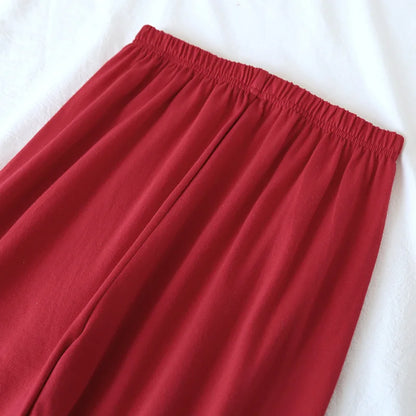 New spring and autumn couple knit pajamas, long-sleeved trousers, two-piece 100% cotton red men's and women's home service suit
