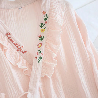 Japanese Kimono Suit New Ladies Spring And Autumn Pajamas Long-sleeved Trousers 100% Cotton Crepe Home Service Two-piece Suit