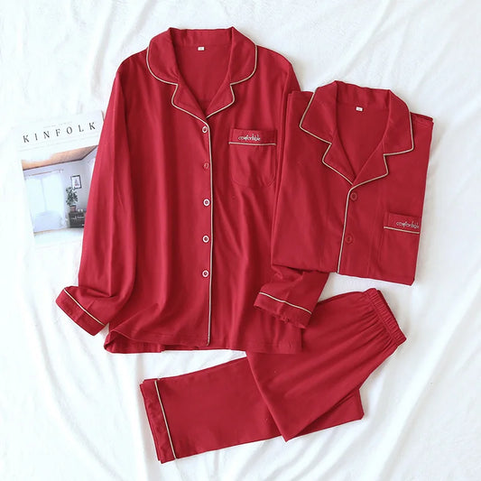New spring and autumn couple knit pajamas, long-sleeved trousers, two-piece 100% cotton red men's and women's home service suit