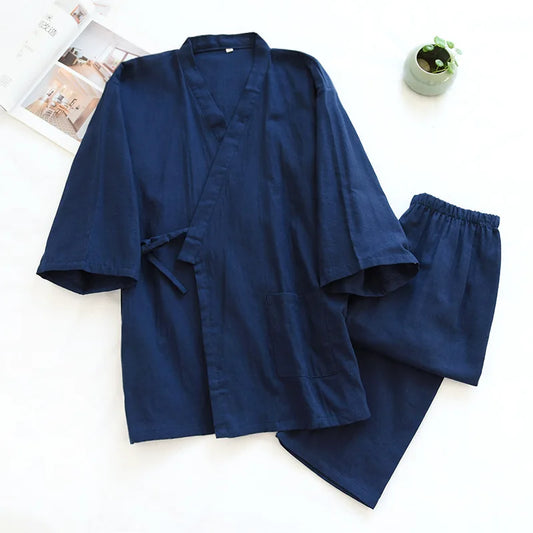 2025Spring And Summer Kimono Men's Pajamas Two-piece 100% Cotton Simple Plus Size Three-quarter Sleeve Trousers Home Service Set