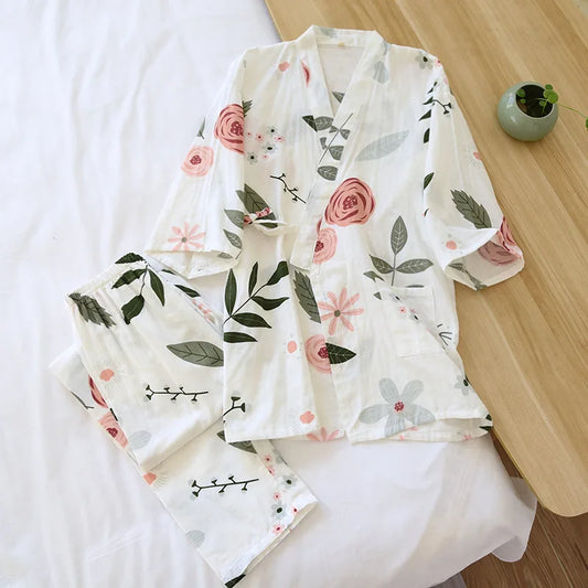 2025 new Japanese kimono suit pajamas spring and summer ladies cotton three-quarter sleeves big flowers home clothes thin loose