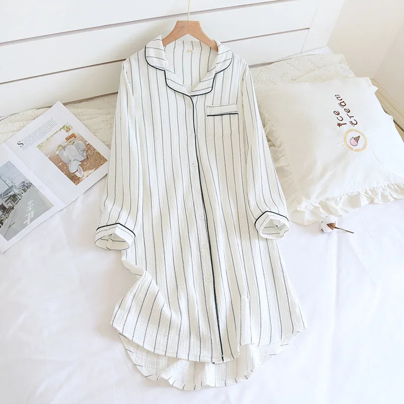 2025 new spring and summer women's 100% cotton long-sleeved Nightgowns home simple plus size striped home Sleepshirts long dress