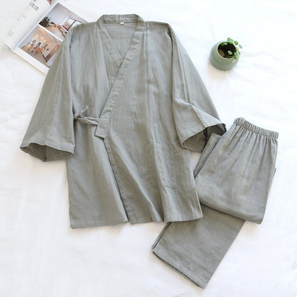 2025Spring And Summer Kimono Men's Pajamas Two-piece 100% Cotton Simple Plus Size Three-quarter Sleeve Trousers Home Service Set