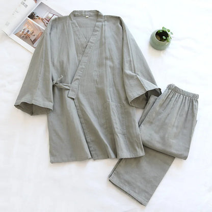 2025Spring And Summer Kimono Men's Pajamas Two-piece 100% Cotton Simple Plus Size Three-quarter Sleeve Trousers Home Service Set