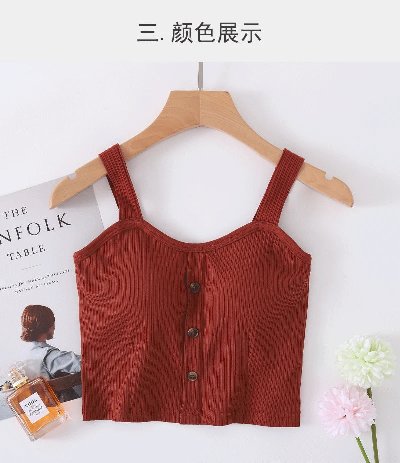 Manufacturer wholesale 2025 new spring and summer cotton belt bra sling vest women button wide shoulder belt women's navel vest