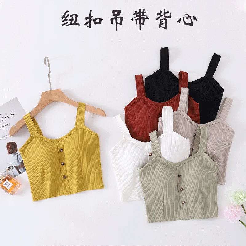 Manufacturer wholesale 2025 new spring and summer cotton belt bra sling vest women button wide shoulder belt women's navel vest