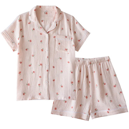2025 Summer Ladies Short-sleeved Shorts Pajamas Set 100% Cotton Crepe Cloth Thin Home Service Two-piece Spring And Autumn Loose