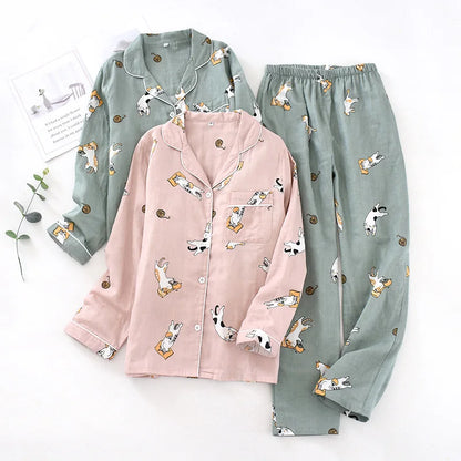 Japanese spring and autumn couples cotton gauze pajamas suit men's cotton four seasons long-sleeved trousers home service women