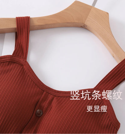 Manufacturer wholesale 2025 new spring and summer cotton belt bra sling vest women button wide shoulder belt women's navel vest
